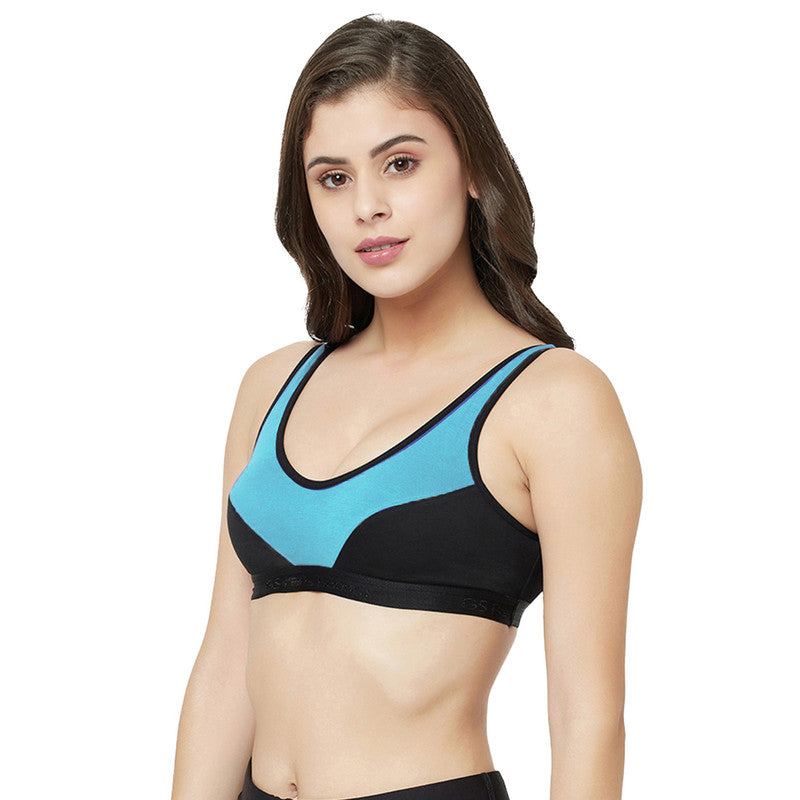 Groversons Paris Beauty Women's Non-Padded Non-Wired Seamed Full Coverage Sports Bra (BR171-OCEAN-BLUE-BLACK)
