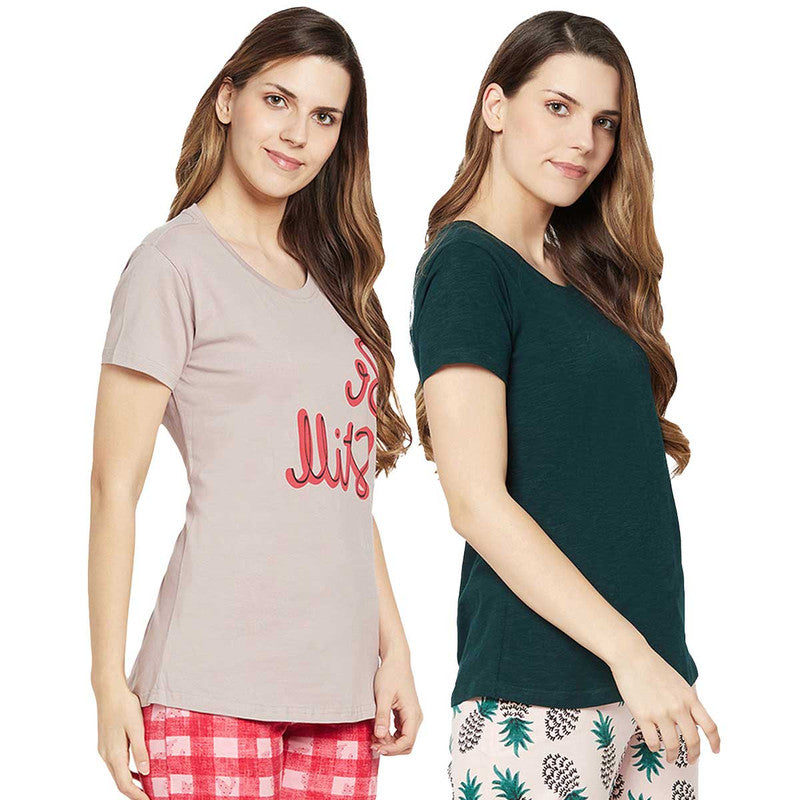Groversons Paris Beauty Printed Pack of 2 Assorted Half Sleeve Cotton T-shirts For Women (Tshirt-Assorted-008)