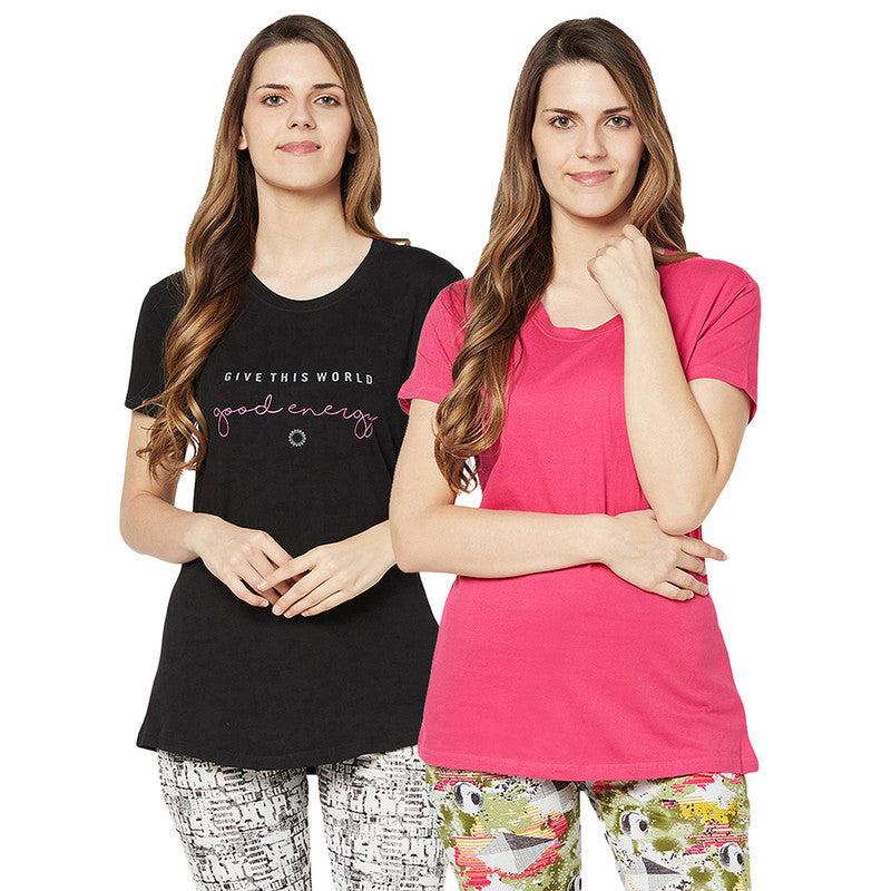 Groversons Paris Beauty Printed Pack of 2 Assorted Half Sleeve Cotton T-shirts For Women (Tshirt-Assorted-011)