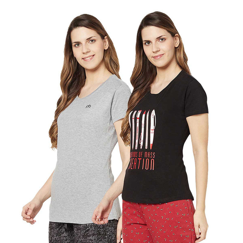 Groversons Paris Beauty Printed Pack of 2 Assorted Half Sleeve Cotton T-shirts For Women (Tshirt-Assorted-013)