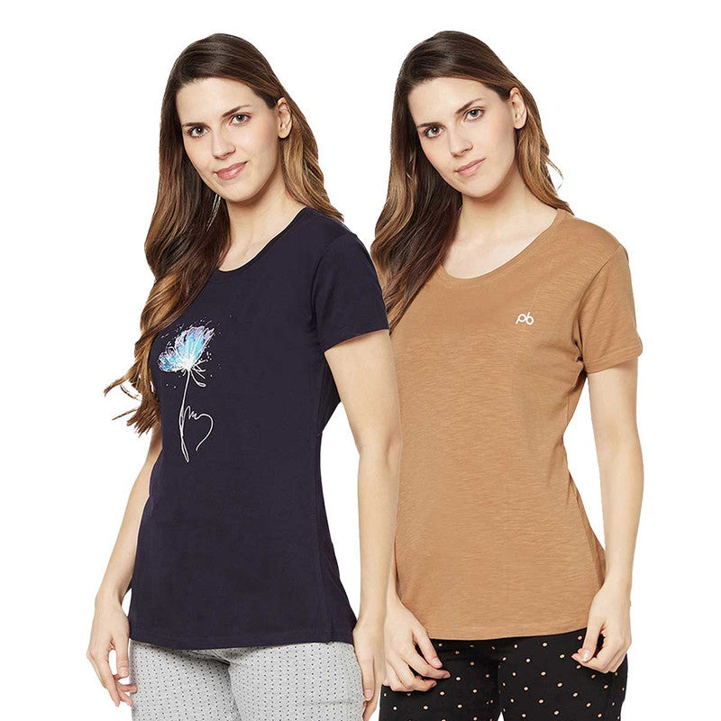 Groversons Paris Beauty Printed Pack of 2 Assorted Half Sleeve Cotton T-shirts For Women (Tshirt-Assorted-014)