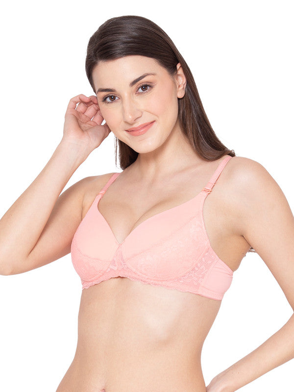 Women's Padded, Non-Wired, Multiway, T-Shirt Bra with lace (BR176-PEACH)