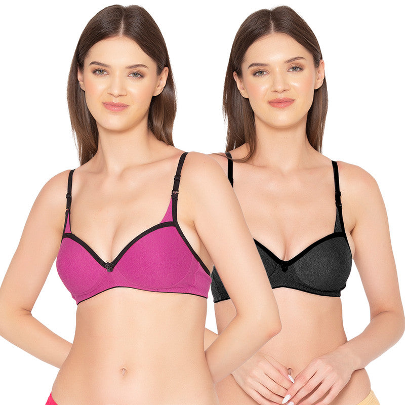 Groversons Paris Beauty Women's Pack of 2 Padded, Non-Wired, Seamless T-Shirt Bra (COMB32-PINK & BLACK)