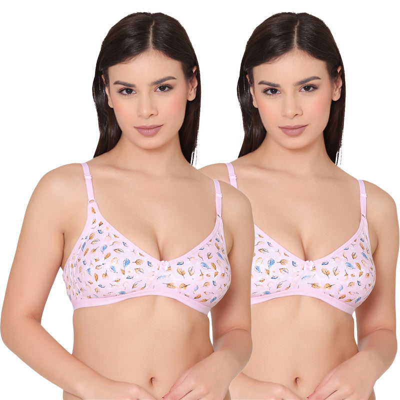 Groversons Paris Beauty Women’s Pack of 2 Leaf Print Full Coverage, Non-Padded, Cotton T-shirt Bra (COMB34-Pink)