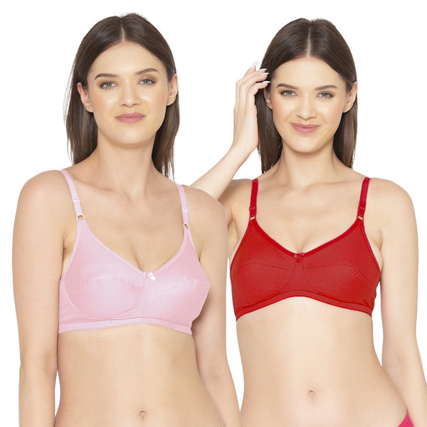 Groversons Paris Beauty Women's Pack Of 2 Non-Padded-Non-Wired Everyday Bra Cotton Bra (COMB40-Pink & Red)