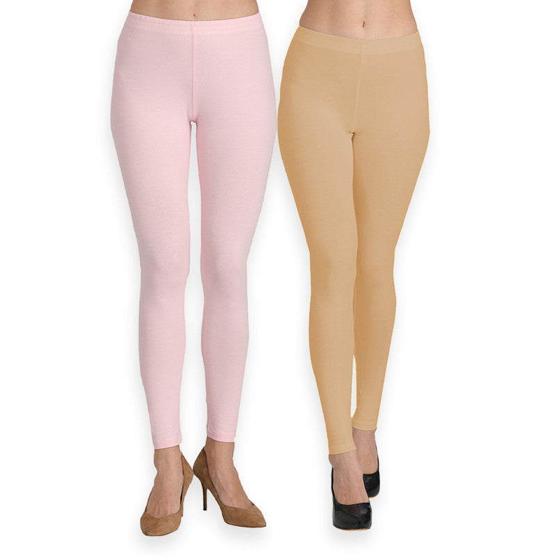 Groversons Paris Beauty Women's Pack of 2 Regular Leggings (PINK & SKIN)