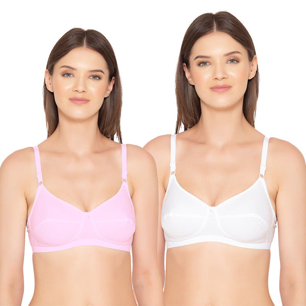Groversons Paris Beauty Women's Poly Cotton bra ,Non-Padded-Non-Wired Full coverage bra (COMB23-WHITE-PINK)