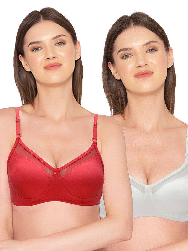Groversons Paris Beauty Women's Pack of 2 Non-Padded Non-Wired Full Coverage Bra (COMB04-RED & WHITE)