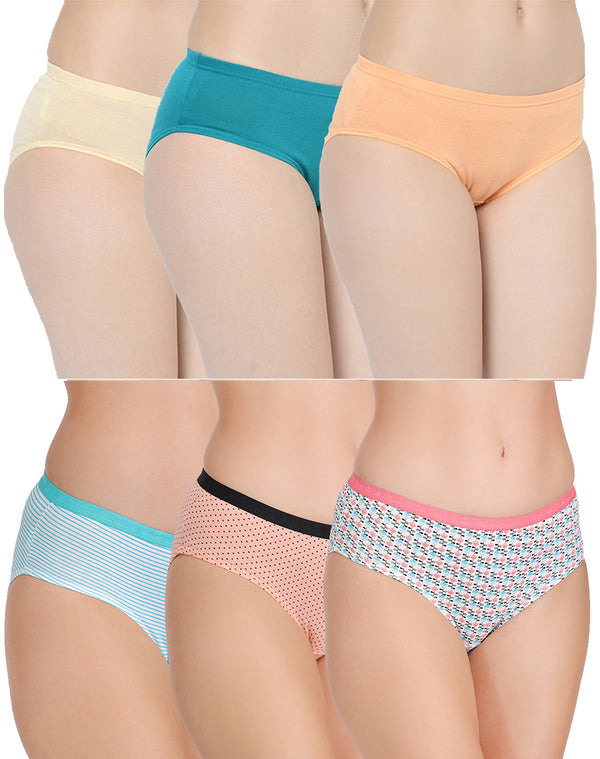 Assorted Mid Rise Full Coverage Regular Panties - Combo of 6
