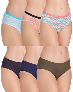 Assorted Mid Rise Plain and Printed Panties - Combo of 6