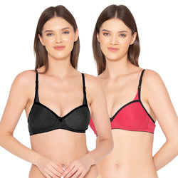 Groversons Paris Beauty Women's Pack of 2 Padded, Non-Wired, Seamless T-Shirt Bra (COMB32-RED & BLACK)