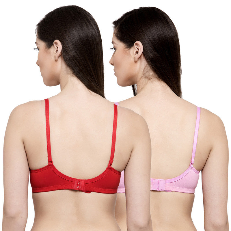 Groversons Paris Beauty Women's Pack of 2 Padded, Non-Wired, Seamless T-Shirt Bra (COMB33-Red & Rose)