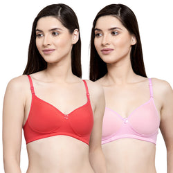 Groversons Paris Beauty Women's Pack of 2 Padded, Non-Wired, Seamless T-Shirt Bra (COMB33-Rose & Coral)