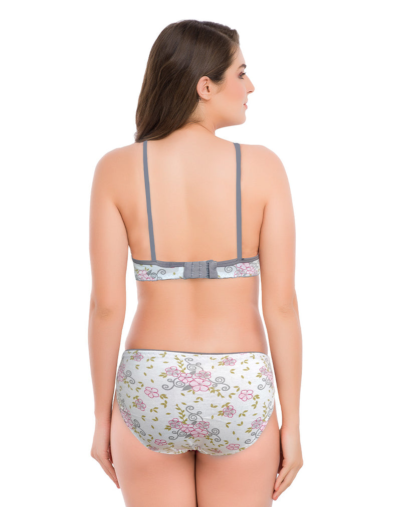 Seamed Non-Padded Cotton Floral Print Bra & Panty Set- Grey – gsparisbeauty