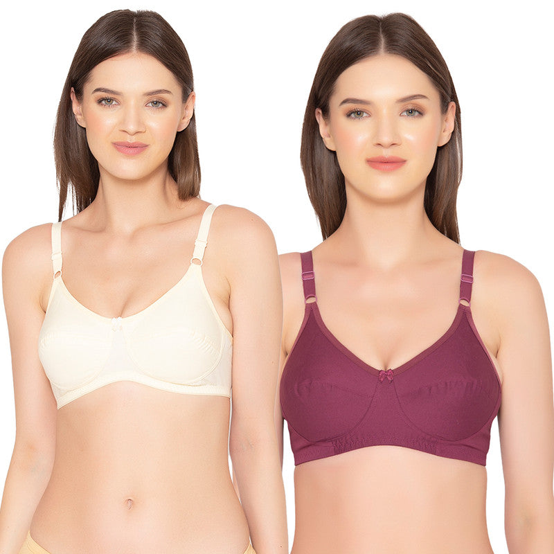 Groversons Paris Beauty Pack of 2 Full Support Non Padded Non Wired Plus Size Basic Bra (COMB27-Skin & Wine)