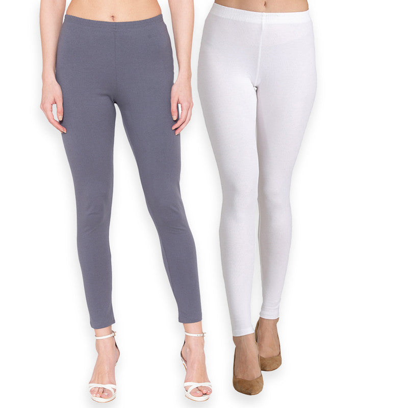 Groversons Paris Beauty Women's Pack of 2 Regular Leggings (STEEL GREY & WHITE)