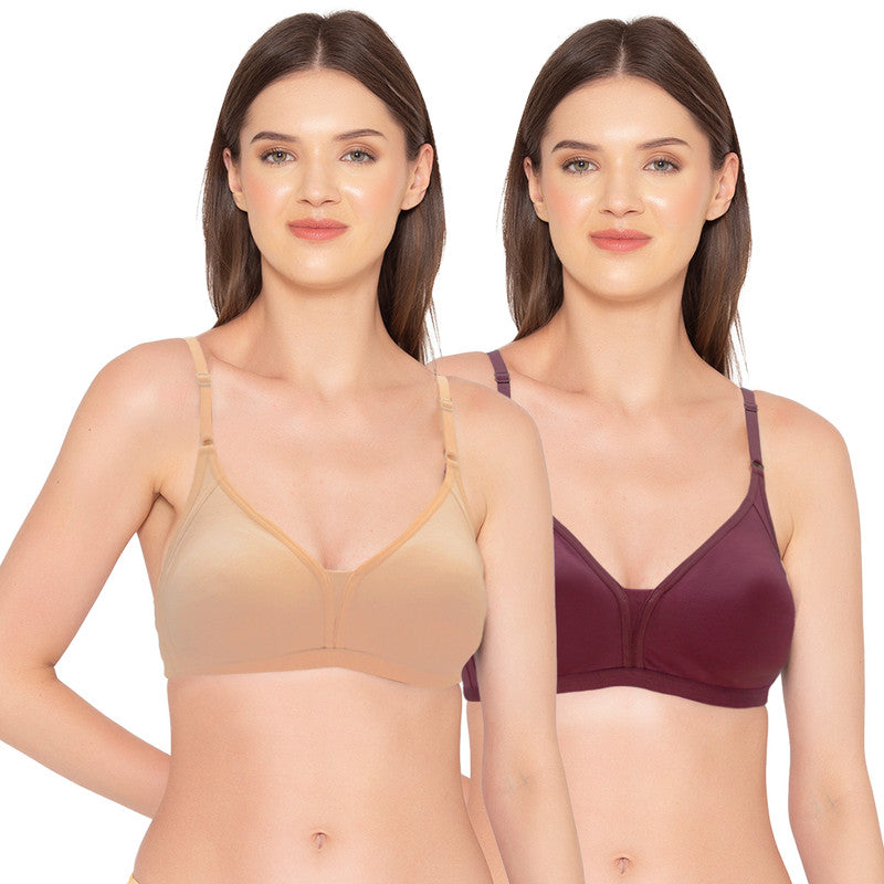 Groversons Paris Beauty Women's Pack of 2 Non-Padded, Non-Wired, Multiway, T-Shirt Bra , Moulded Bra (COMB35-MAROON BANNER & TOASTED ALMOND)