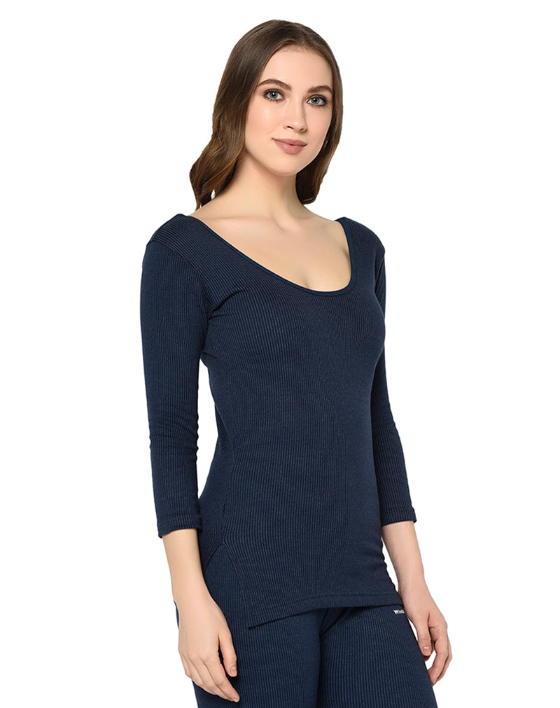 Women navy round neck thermal premium top with ¾ sleeves