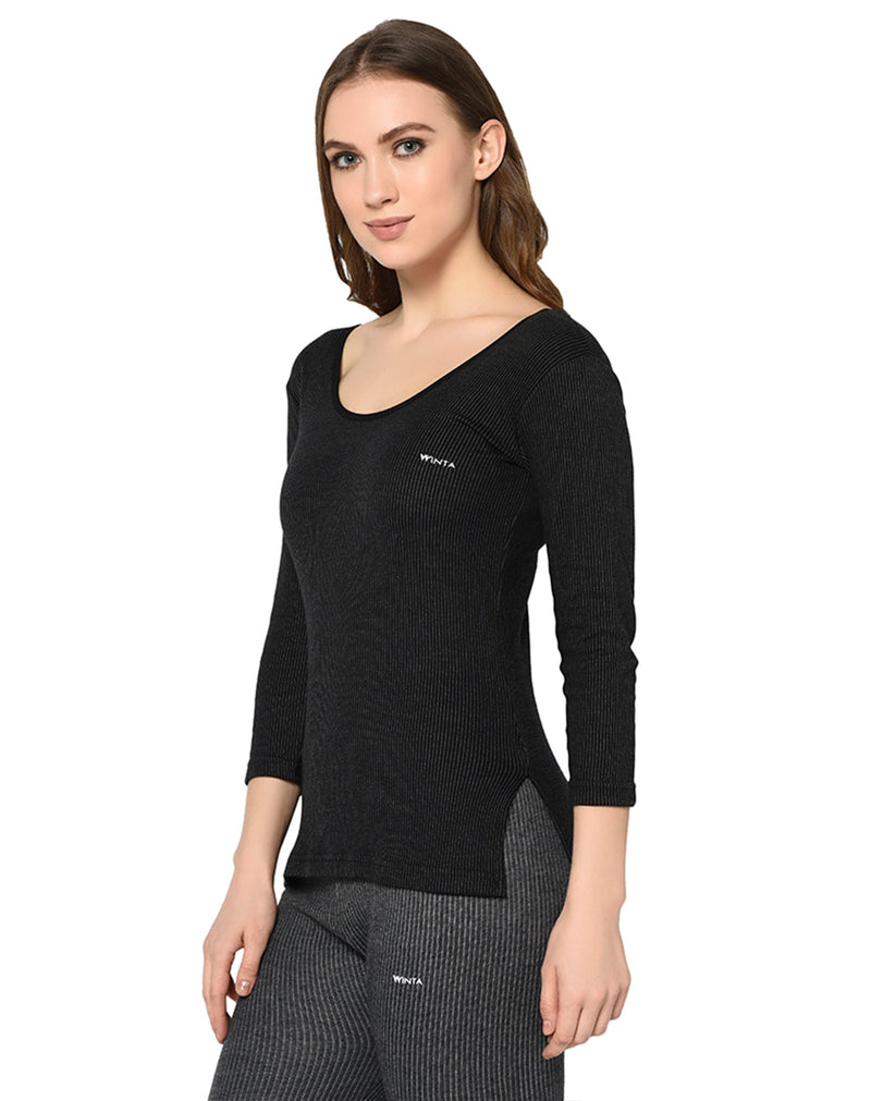 Women black round neck thermal premium top with ¾ sleeves