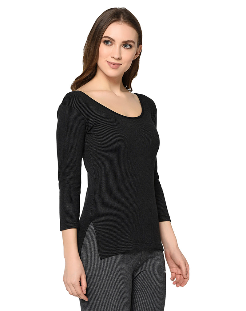 Women black round neck thermal premium top with ¾ sleeves