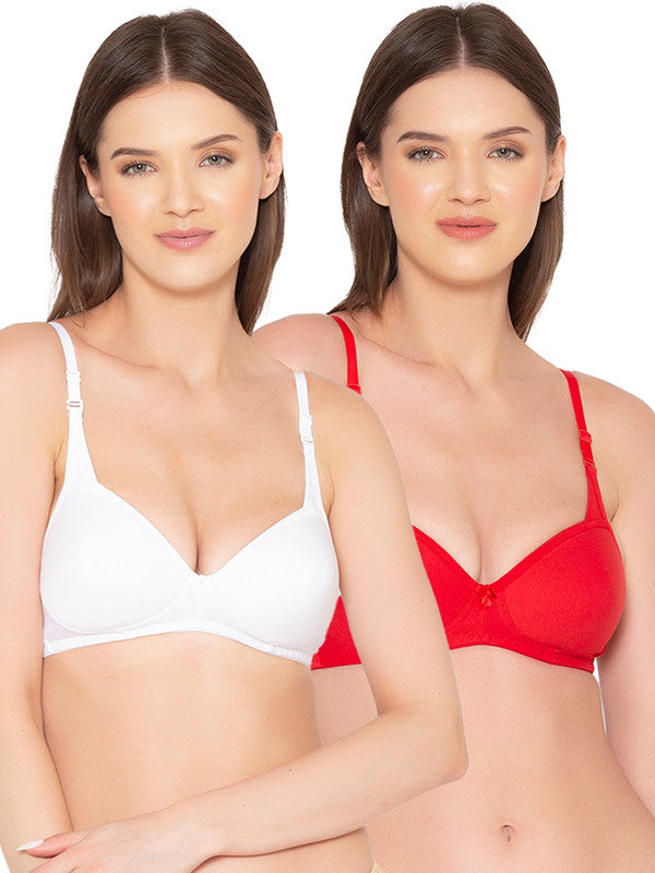 Groversons Paris Beauty Women's Pack of 2 Padded, Non-Wired, Seamless T-Shirt Bra (COMB25-RED & WHITE)