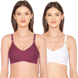 Groversons Paris Beauty Pack of 2 Full Support Non Padded Non Wired Plus Size Basic Bra (COMB27-White & Wine)