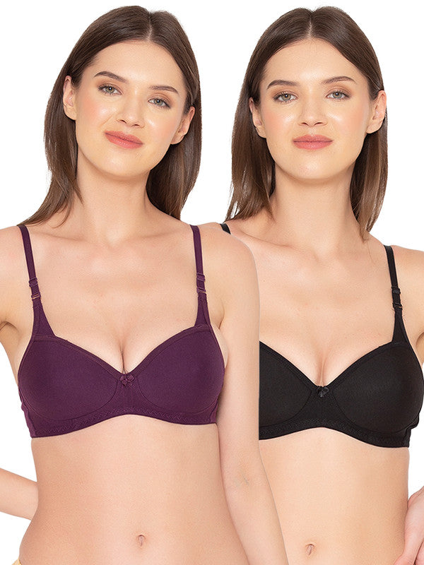 Groversons Paris Beauty Women's Pack of 2 Padded, Non-Wired, Seamless T-Shirt Bra (COMB25-BLACK & Wine)